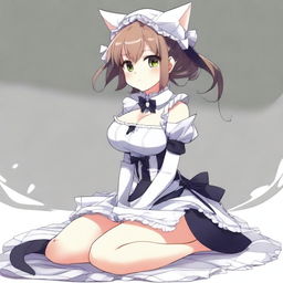 An adult, flustered, cute, and seductive cat girl in anime style, dressed as a maid