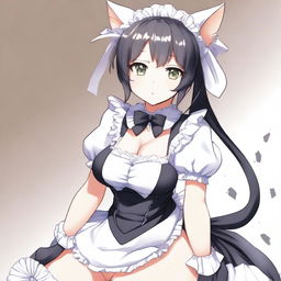 An adult, flustered, cute, and seductive cat girl in anime style, dressed as a maid