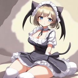 An adult, flustered, cute, and seductive cat girl in anime style, dressed as a maid