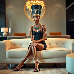 Queen Nefertiti sitting on a couch with her legs crossed, wearing a mini bodycon strapless dress and open high stilettos