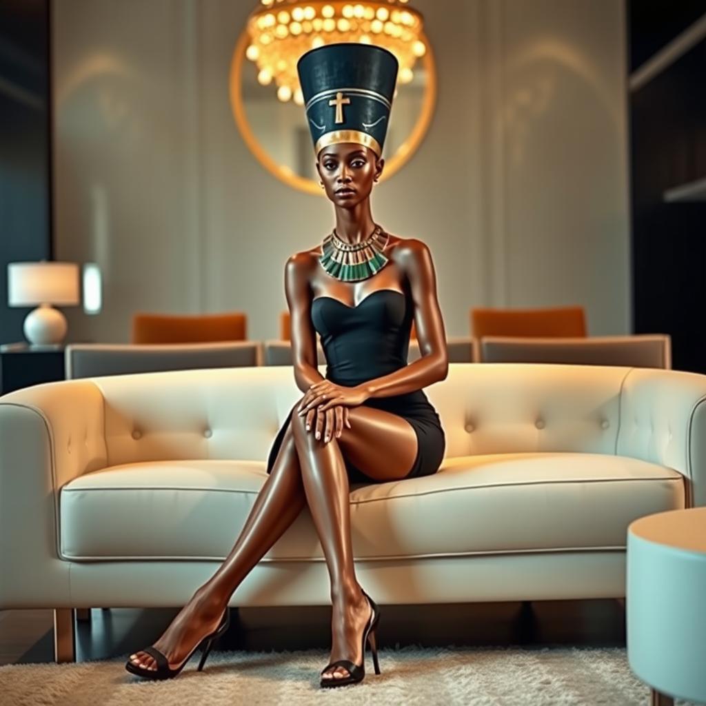 Queen Nefertiti sitting on a couch with her legs crossed, wearing a mini bodycon strapless dress and open high stilettos