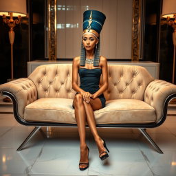 Queen Nefertiti sitting on a couch with her legs crossed, wearing a mini bodycon strapless dress and open high stilettos