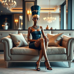 Queen Nefertiti sitting on a couch with her legs crossed, wearing a mini bodycon strapless dress and open high stilettos