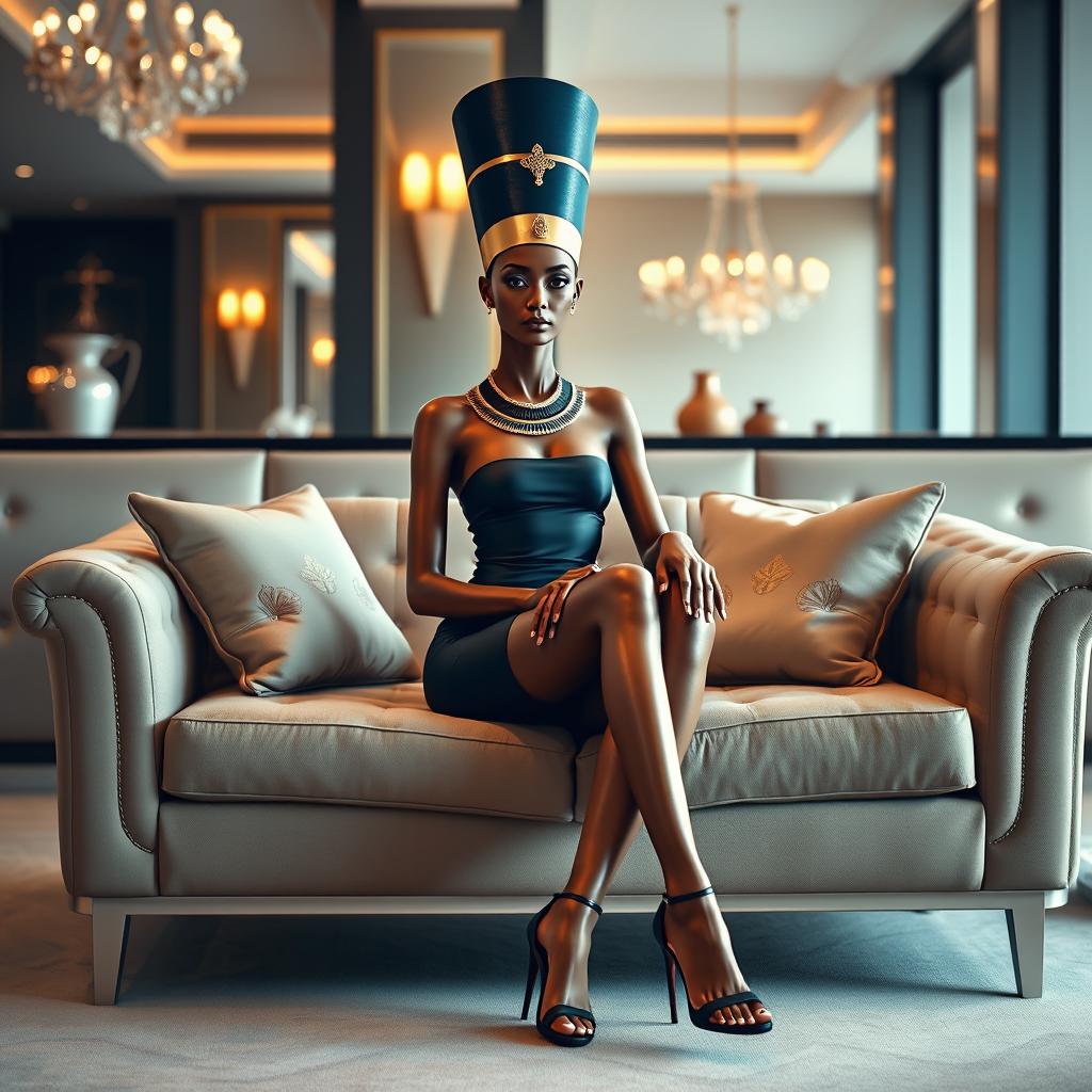 Queen Nefertiti sitting on a couch with her legs crossed, wearing a mini bodycon strapless dress and open high stilettos