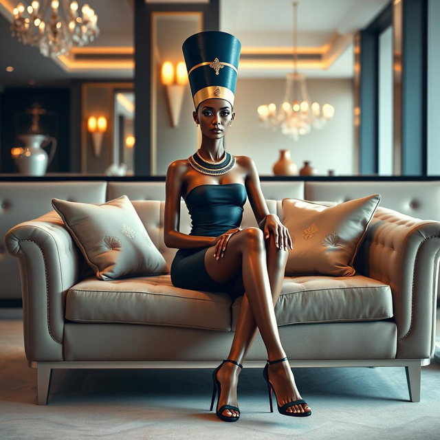 Queen Nefertiti sitting on a couch with her legs crossed, wearing a mini bodycon strapless dress and open high stilettos