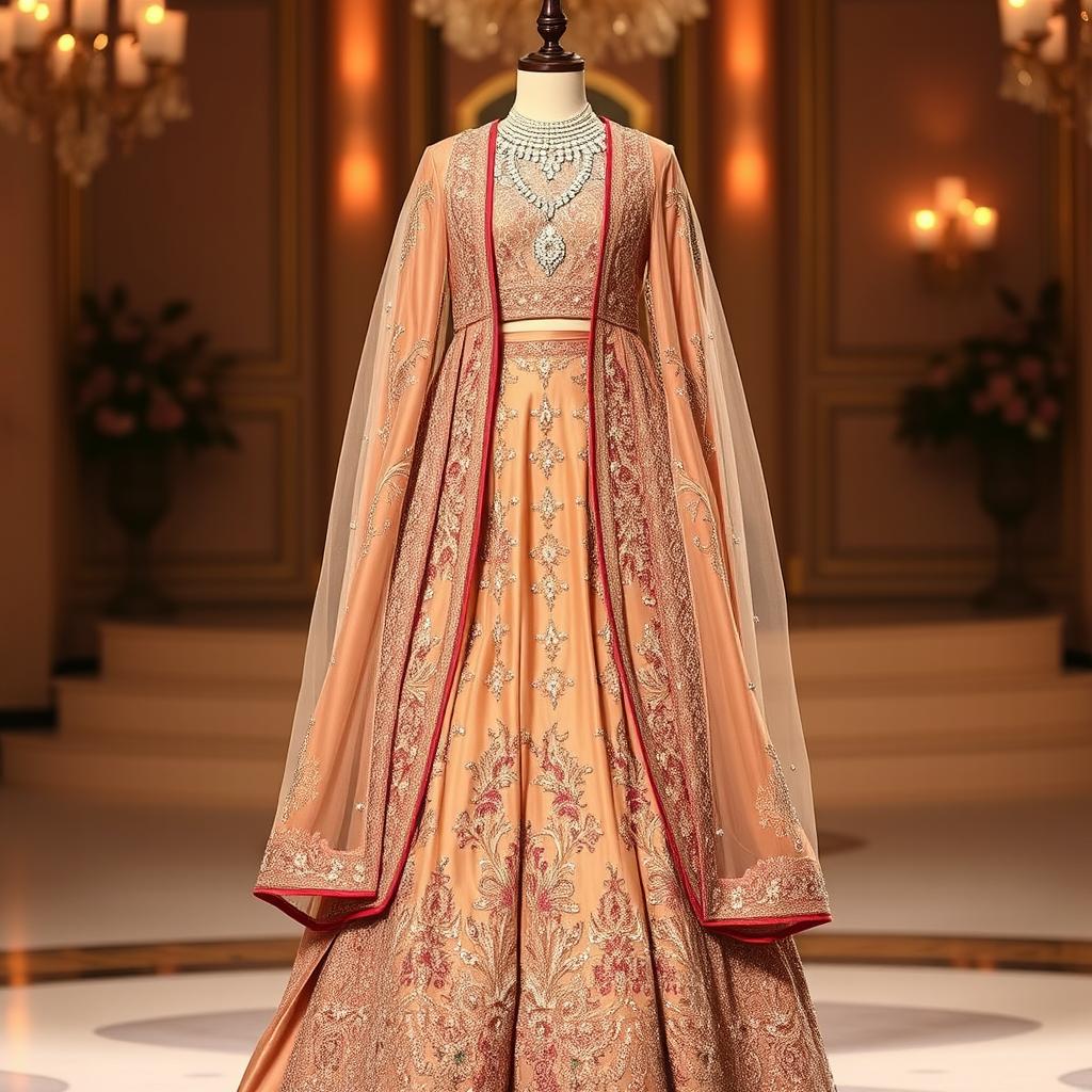 A beautiful rose gold sharara with sparkling crystal embellishments, paired with a long jacket-style kameez