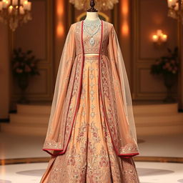 A beautiful rose gold sharara with sparkling crystal embellishments, paired with a long jacket-style kameez