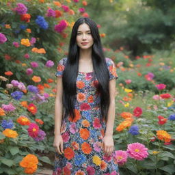 A girl with long black hair standing in a vibrant garden surrounded by colorful, blooming flowers.