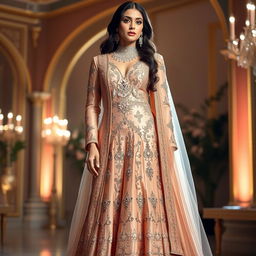 A beautiful rose gold sharara with sparkling crystal embellishments, paired with a long jacket-style kameez