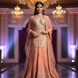 A beautiful rose gold sharara with sparkling crystal embellishments, paired with a long jacket-style kameez