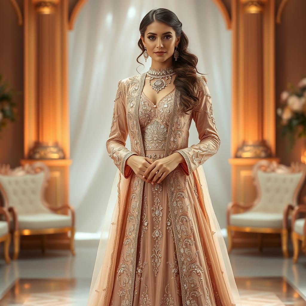 A beautiful rose gold sharara with sparkling crystal embellishments, paired with a long jacket-style kameez