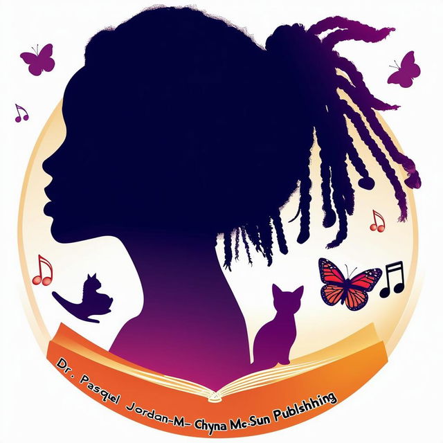 Create an elegant and vibrant logo for a book featuring a silhouette of a woman with short dreadlocks, music notes, butterflies, two cat silhouettes, and a book