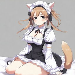 An adult, flustered, cute, and seductive cat girl in anime style, dressed as a maid