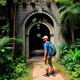 A man standing in a jungle-like setting after he left an old hanging bridge, surrounded by lush greenery and a path leading to a ruin