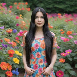 A girl with long black hair standing in a vibrant garden surrounded by colorful, blooming flowers.