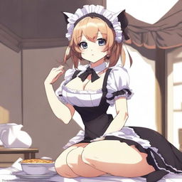 An adult, flustered, cute, and seductive cat girl in anime style, dressed as a maid