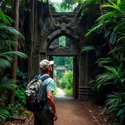 A man standing in a jungle-like setting after he left an old hanging bridge, surrounded by lush greenery and a path leading to a ruin