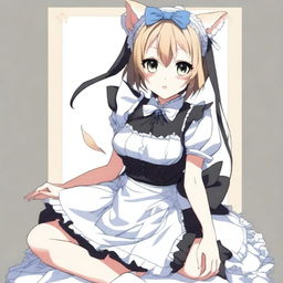 An adult, flustered, cute, and seductive cat girl in anime style, dressed as a maid