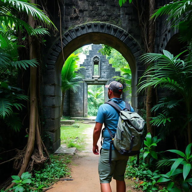 A man standing in a jungle-like setting after he left an old hanging bridge, surrounded by lush greenery and a path leading to a ruin