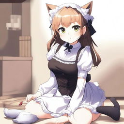 An adult, flustered, cute, and seductive cat girl in anime style, dressed as a maid