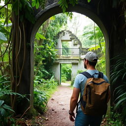 A man standing in a jungle-like setting after he left an old hanging bridge, surrounded by lush greenery and a path leading to a ruin