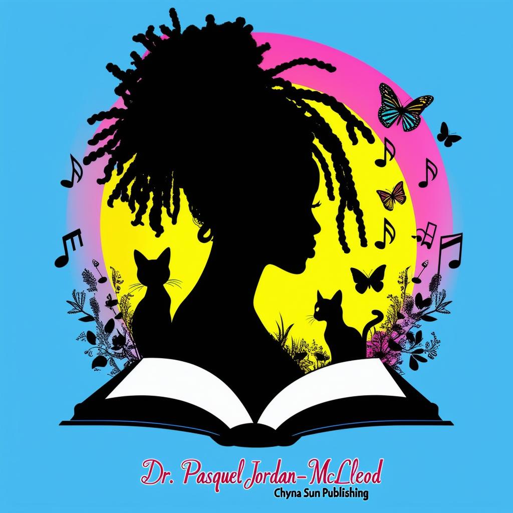 Create an elegant and vibrant logo for a book featuring a silhouette of a woman with short dreadlocks, music notes, butterflies, two cat silhouettes, and an open book