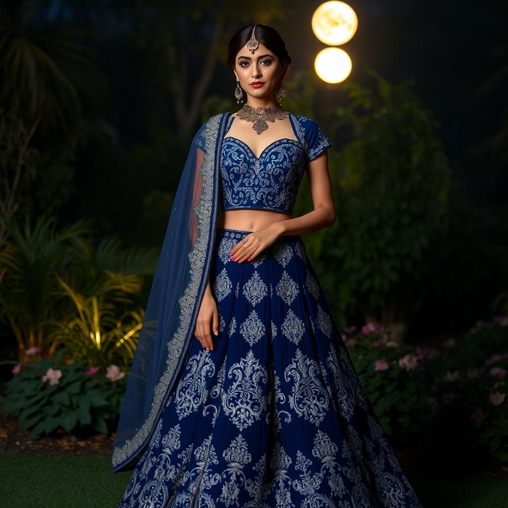 A mesmerizing midnight blue lehenga adorned with intricate silver zari work, featuring a corset-style blouse