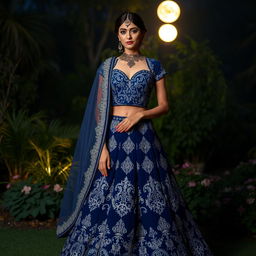 A mesmerizing midnight blue lehenga adorned with intricate silver zari work, featuring a corset-style blouse