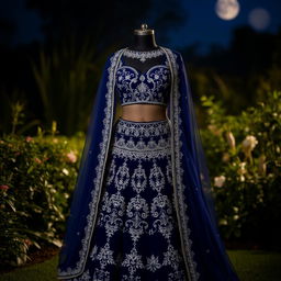 A mesmerizing midnight blue lehenga adorned with intricate silver zari work, featuring a corset-style blouse