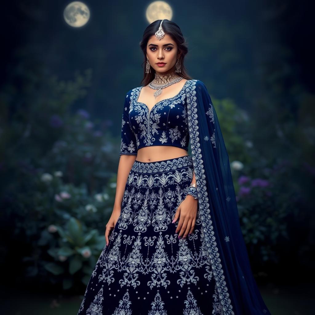 A mesmerizing midnight blue lehenga adorned with intricate silver zari work, featuring a corset-style blouse