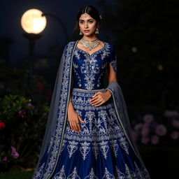 A mesmerizing midnight blue lehenga adorned with intricate silver zari work, featuring a corset-style blouse