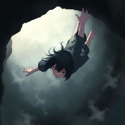 A girl with short black hair and purple streaks falling into an abyss