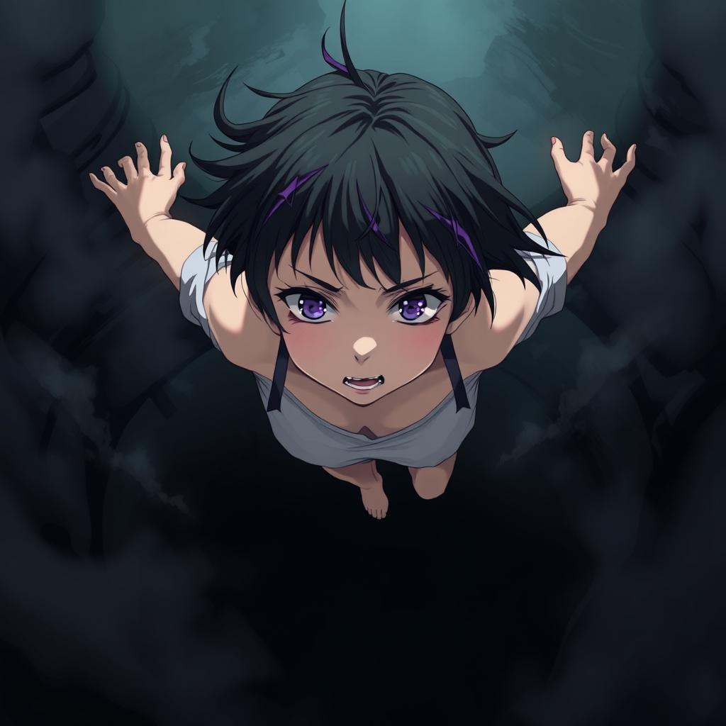 A girl with short black hair and purple streaks falling into an abyss