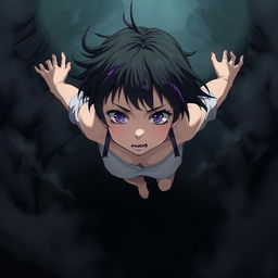 A girl with short black hair and purple streaks falling into an abyss