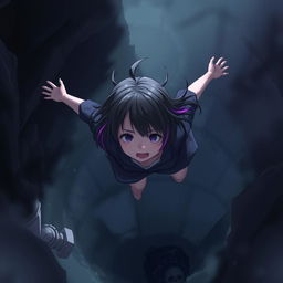 A girl with short black hair and purple streaks falling into an abyss