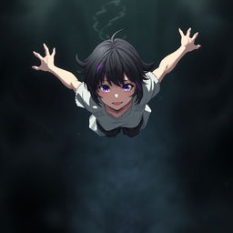 A girl with short black hair and purple streaks falling into an abyss