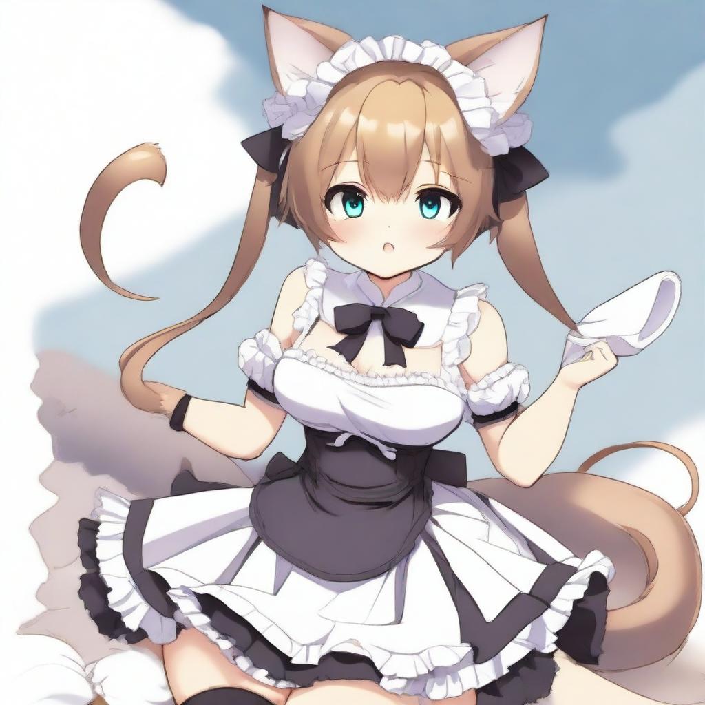 An adult, flustered, cute, and seductive cat girl in anime style, dressed as a maid