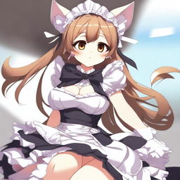 An adult, flustered, cute, and seductive cat girl in anime style, dressed as a maid