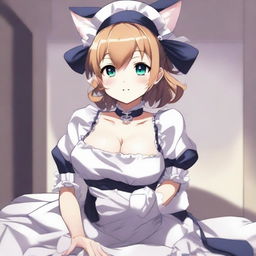 An adult, flustered, cute, and seductive cat girl in anime style, dressed as a maid