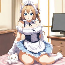 An adult, flustered, cute, and seductive cat girl in anime style, dressed as a maid