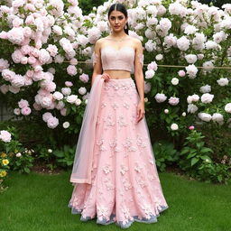 A stunning blush pink lehenga adorned with 3D floral appliqués, paired with a stylish cold shoulder blouse