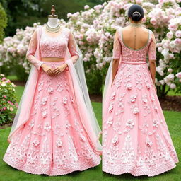 A stunning blush pink lehenga adorned with 3D floral appliqués, paired with a stylish cold shoulder blouse