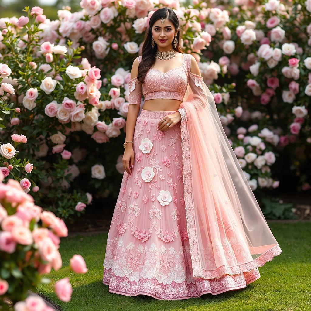 A stunning blush pink lehenga adorned with 3D floral appliqués, paired with a stylish cold shoulder blouse