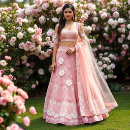 A stunning blush pink lehenga adorned with 3D floral appliqués, paired with a stylish cold shoulder blouse