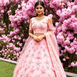A stunning blush pink lehenga adorned with 3D floral appliqués, paired with a stylish cold shoulder blouse