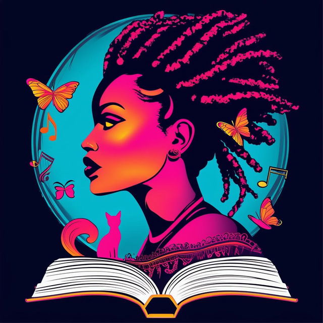 Create an elegant and vibrant logo for a book featuring a silhouette of a woman with short dreadlocks, music notes, butterflies, two cat silhouettes, and an open book