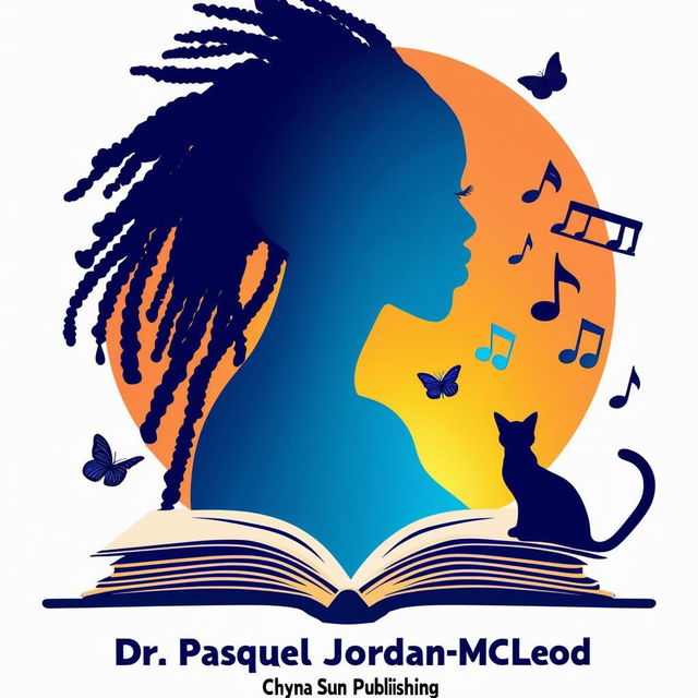 Design an elegant logo for a book featuring a silhouette of a woman with short dreadlocks, music notes, butterflies, two cat silhouettes, and an open book