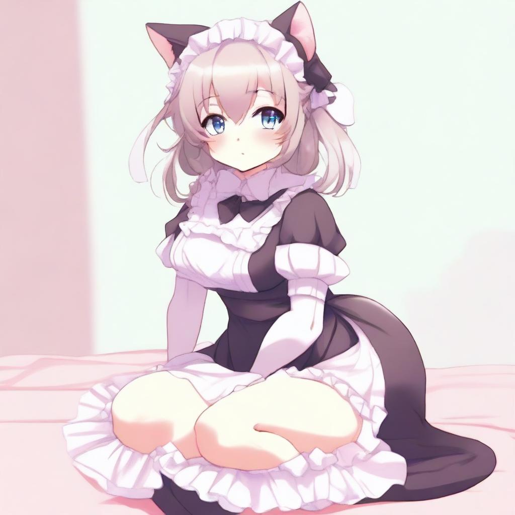 An adult, flustered, cute, and seductive cat girl in anime style, dressed as a maid