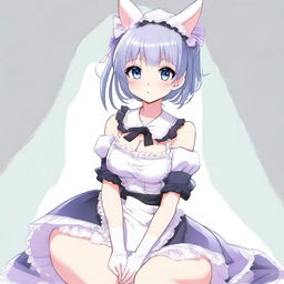 An adult, flustered, cute, and seductive cat girl in anime style, dressed as a maid