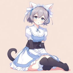 An adult, flustered, cute, and seductive cat girl in anime style, dressed as a maid